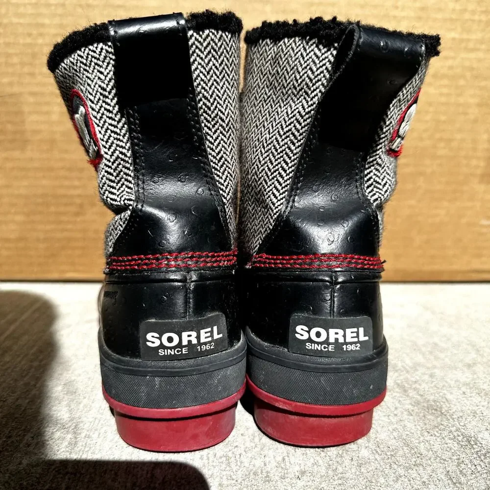 Sorel Tivoli Herringbone Tweed Winter Snow Boots Lace Up Chevron Faux Fur Red 7